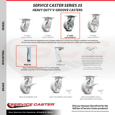 Service Caster 6 Inch V Groove Semi Steel Caster Set with Roller Bearing 2 Brakes and 2 Rigid SCC-35S620-VGR-SLB-2-R-2